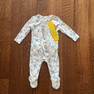 NWT Angel Dear Blue, Brown and White Floral Ruffle Back Footie